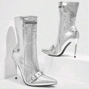 Women's Fashion High Heel Ankle Boots, Party Style,Trendy Silver Mid-Calf Boots